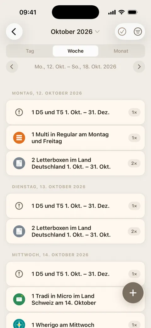 Wochenansicht mit offenen Anforderungen pro Tag