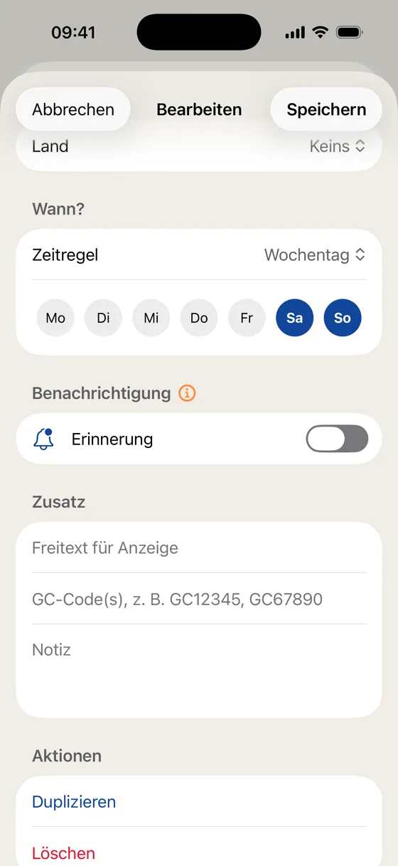 Bearbeiten-Ansicht einer Mystery-Serie mit Zeitregel Wochentag, Samstag und Sonntag ausgewählt